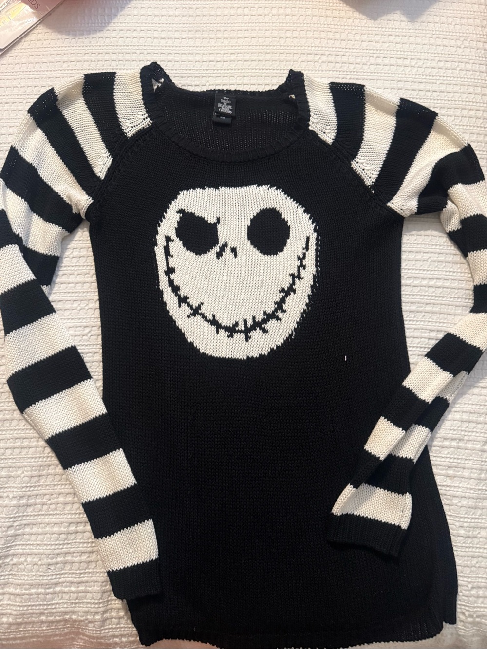 Women’s Black & Cream Striped Skull Intarsia Knit Sweater - Picture 1 of 2